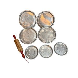 Vtg LITTLE BO PEEP Aluminum Plates 7pcs Nursery Rhymes Childrens Doll Dishes